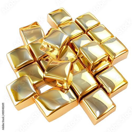 Na obrazie widzimy stos złotych metalowych kwadratów, ułożonych jeden na drugim. Kwadraty mają złote barwy i wyglądają na solidnie wykonane photo