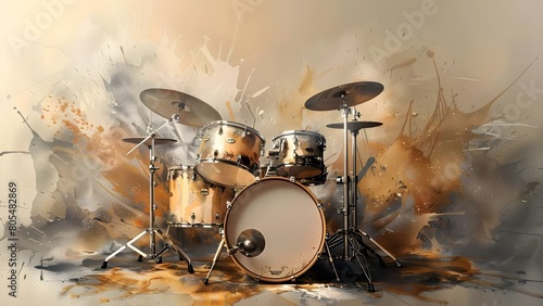 Drum Set with Paint Splatters and Extra Drums. Concept Musical Instruments, Customized Drum Set, Artistic Paint Design, Drumming Techniques, Music Performance photo