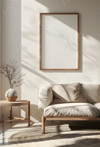 A photo of a simple frame mockup hanging on the wall, with an empty blank poster in a wooden frame 