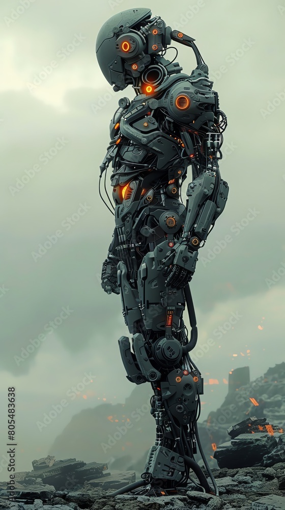 Design a robotic character standing in a vast wasteland, integrating futuristic technologies like glowing circuitry and advanced weaponry Blend dystopian elements such as polluted skies and decaying r Design a robotic character standing in a vast wasteland, integrating futuristic technologies like glowing circuitry and advanced weaponry Blend dystopian elements such as polluted skies and decaying r