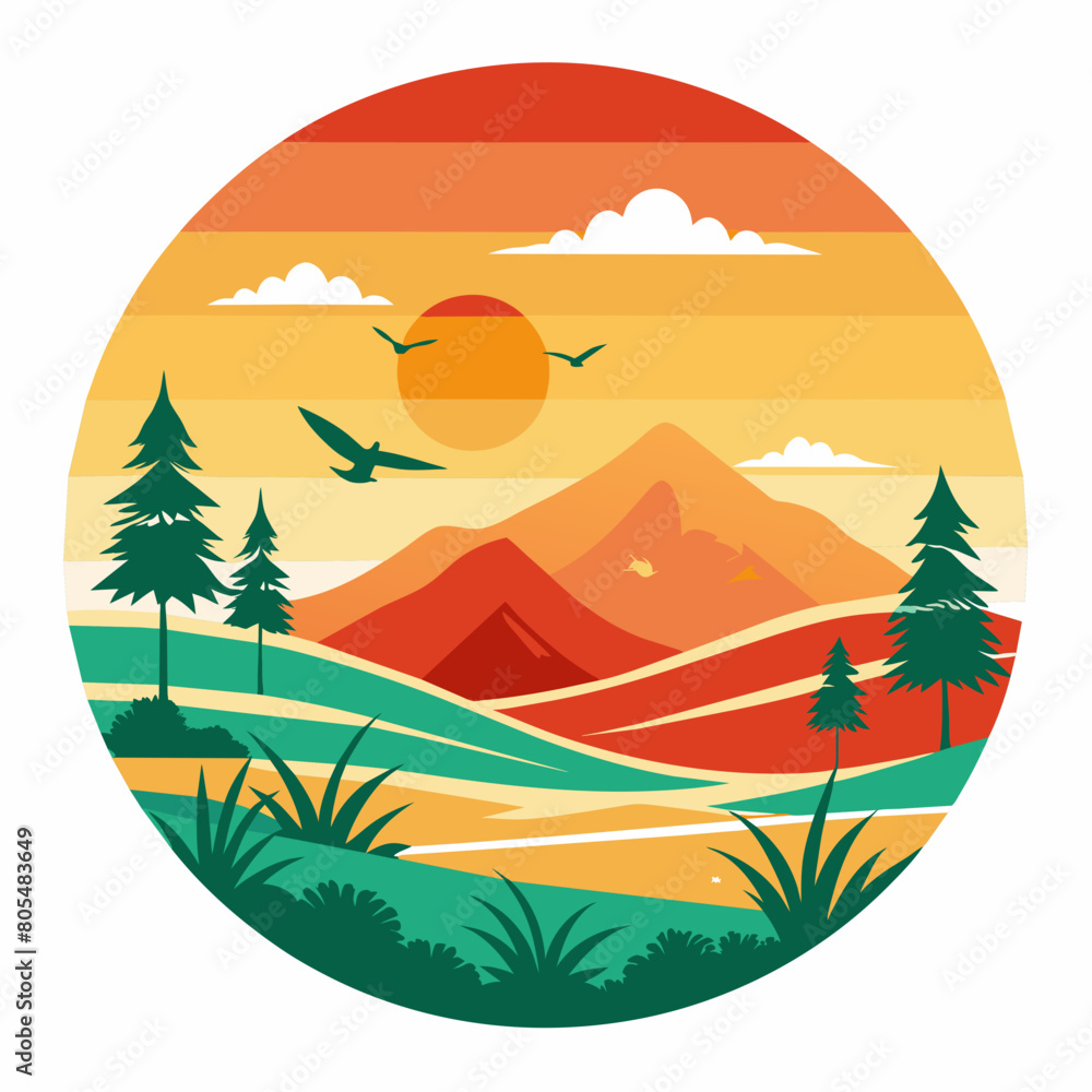  A nostalgic, retro-styled T-shirt design featuring a bright and vibrant landscape. The sun shines over a picturesque scene of rolling hills, trees, and a tranquilBeach. Various birds adorn the sky, a
