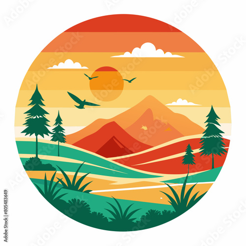  A nostalgic  retro-styled T-shirt design featuring a bright and vibrant landscape. The sun shines over a picturesque scene of rolling hills  trees  and a tranquilBeach. Various birds adorn the sky  a