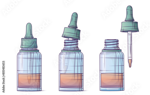 Set of vector illustrations of glass bottles with essential oils. Glass bottle with dropper, pipette. Concept of cosmetics, perfumery and aromatherapy.