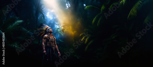 Un chef guerrier Maya regardant le ciel, avec un costume traditionnel dans l'obscurité d'une jungle sombre et inquiétante, image avec espace pour texte.