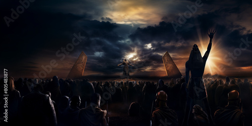 Ancienne égypte, un pharaon levant les bras au ciel, devant une foule d'hommes et de femmes, au lever du soleil, image avec espace pour texte. photo