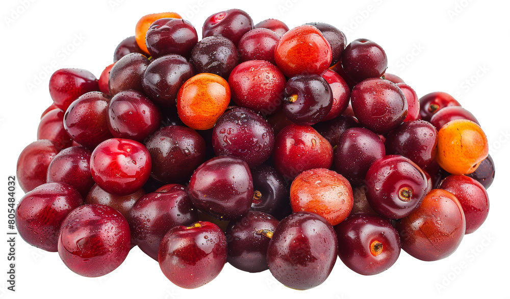 Assorted fresh cherries with water droplets isolated on transparent background