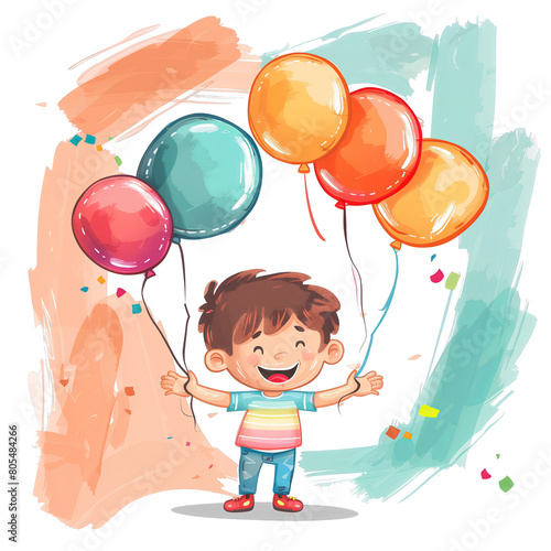 Mały chłopiec trzyma w rękach kilka balonów. W tle widać niebo i zielenie drzewa