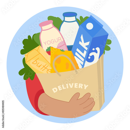 Shopping bag with groceries. Hands hold a package with groceries. Food delivery in eco-friendly packaging,food delivery concept. Fresh vegetables, fruits, milk. Delivery from supermarket, farmers