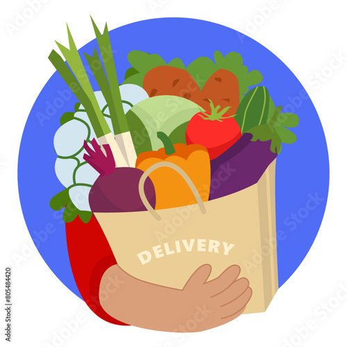 Shopping bag with groceries. Hands hold a package with groceries. Food delivery in eco-friendly packaging,food delivery concept. Fresh vegetables, fruits, milk. Delivery from supermarket, farmers