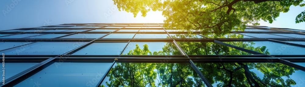 Green tree reflecting in shining glass walls of modern office building. Green tree reflecting in shining glass walls of modern office building.