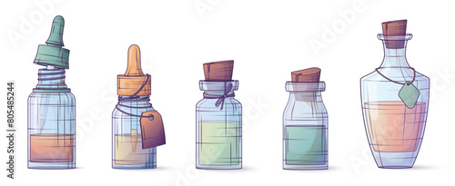 Collection of vector illustration of essential oil bottles. Glass bottle with dropper. Concept of cosmetics, perfumery and aromatherapy.
