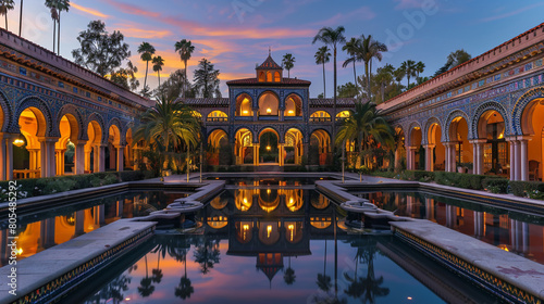 A lavish Moorish Revival estate at dusk, its intricate arches and vibrant tile work glowing under the evening sky,  photo