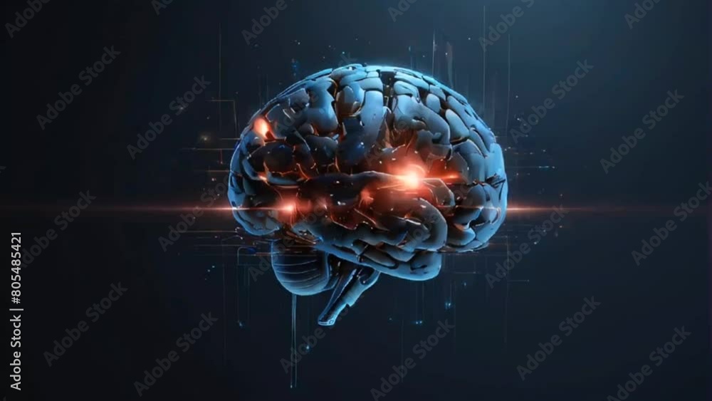 Flying inside Artificial Intelligence Digital Brain bid Data. Illustration of thinking process. Future technology animation, AI deep learning computer machine. 3d render