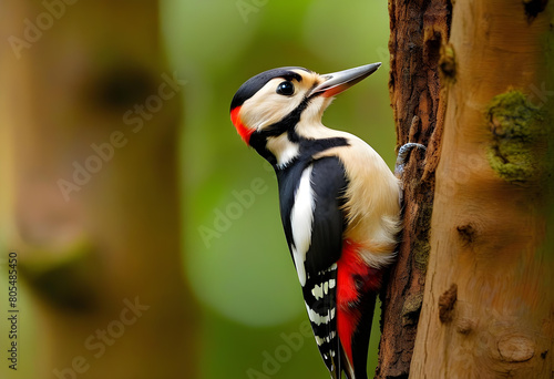 a great spotted woodpecker perched on a tree trunk, looking out with its vibrant red feathers visible