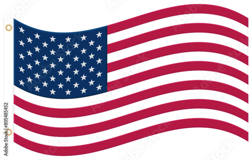 Waving American USA Flag With real proportions and Colors. Embroidered Stars, Sewn Stripes and Brass Grommets. Vector illustration