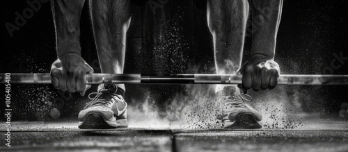 A barbell loaded with weights and surrounded by chalk dust sits ready for a deadlift exercise in a weightlifting gym