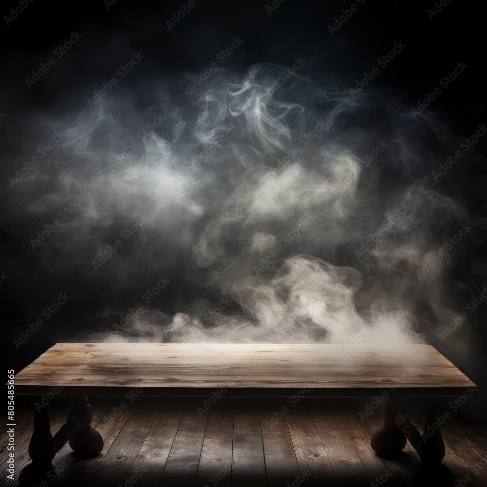 An empty wooden table with smoke rising on a dark background.
