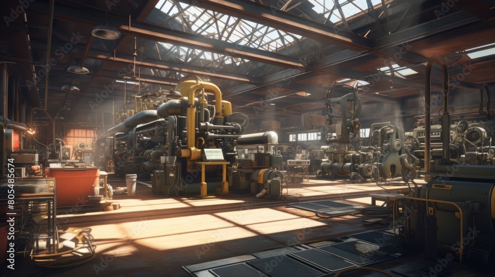 Interior of a factory workshop showcasing industrial machines in operation.