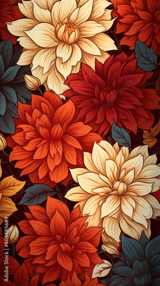 Various types of flowers create a beautiful wall background.