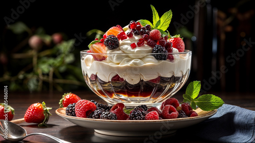 Glass bowl filled with yogurt, fruit and granola.