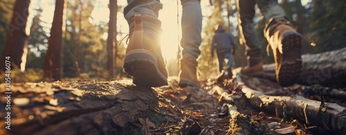 A group of friends hiking in the forest at sunrise. Generate AI image