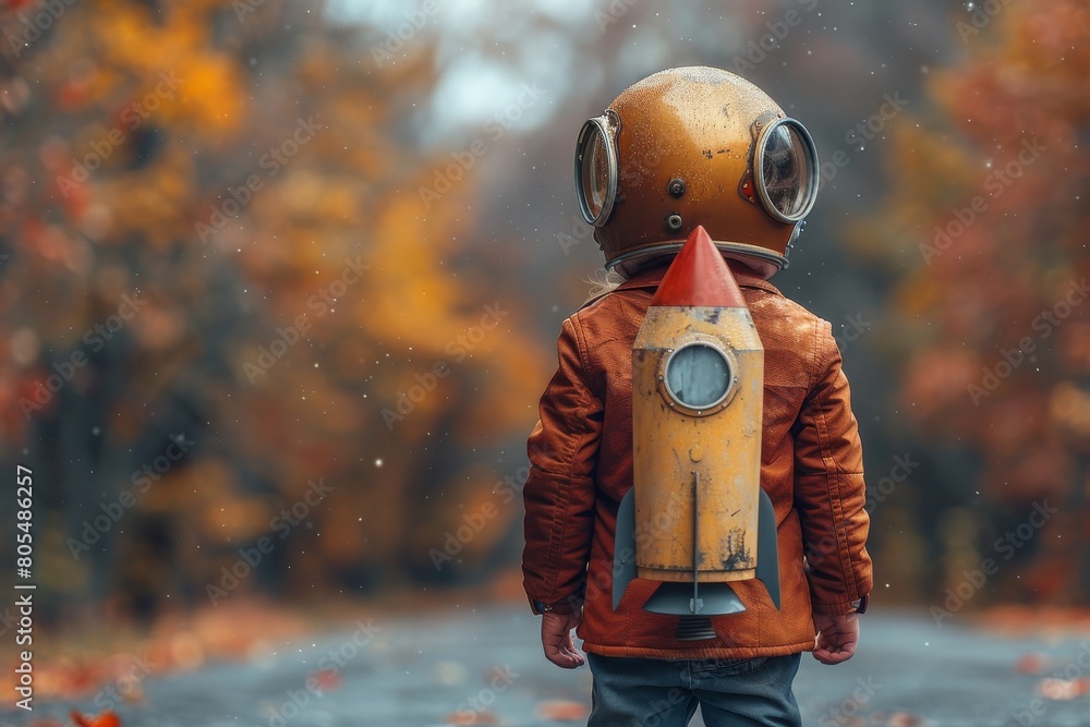 A surreal scene of a child dressed in a vintage astronaut helmet and jacket amidst colorful autumn leaves A surreal scene of a child dressed in a vintage astronaut helmet and jacket amidst colorful autumn leaves