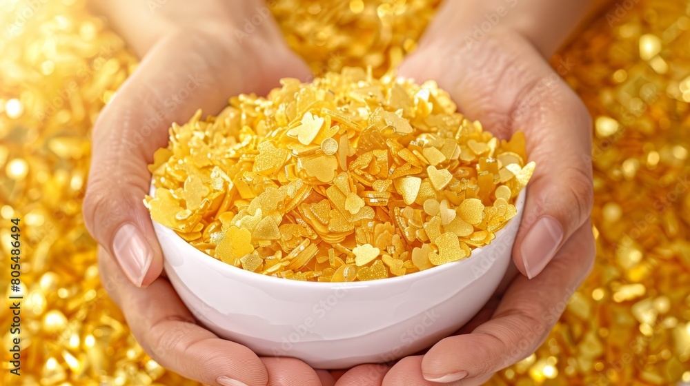 Two hands hold a white bowl brimming with golden flakes against a golden backdrop adorned with sequins Two hands hold a white bowl brimming with golden flakes against a golden backdrop adorned with sequins