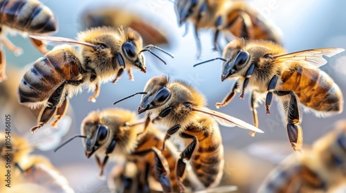  A swarm of bees in flight, with their heads turned, appears as if they're part of a larger honeybee gathering