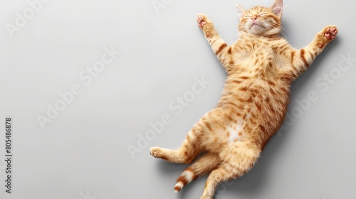   A cat lying on its back with its back legs extended and front paws raised
