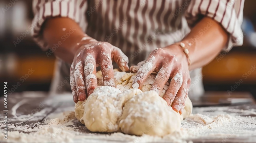   A person kneads dough into a ball on a floured table, not on a doughnut