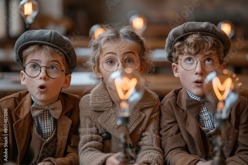 A group of children with vintage-style clothing, holding illuminated light bulbs in a classroom setting Inspiration and learning theme