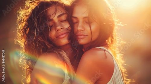  A couple of women stand facing each other against a sunlit backdrop One woman closes her eyes while the other gazes at her with half-faced expression