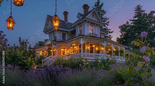 A historic Queen Anne home at twilight, its elaborate spindles and wrap-around porch highlighted by the warm glow of hanging lanterns, nestled in a garden of blooming roses photo