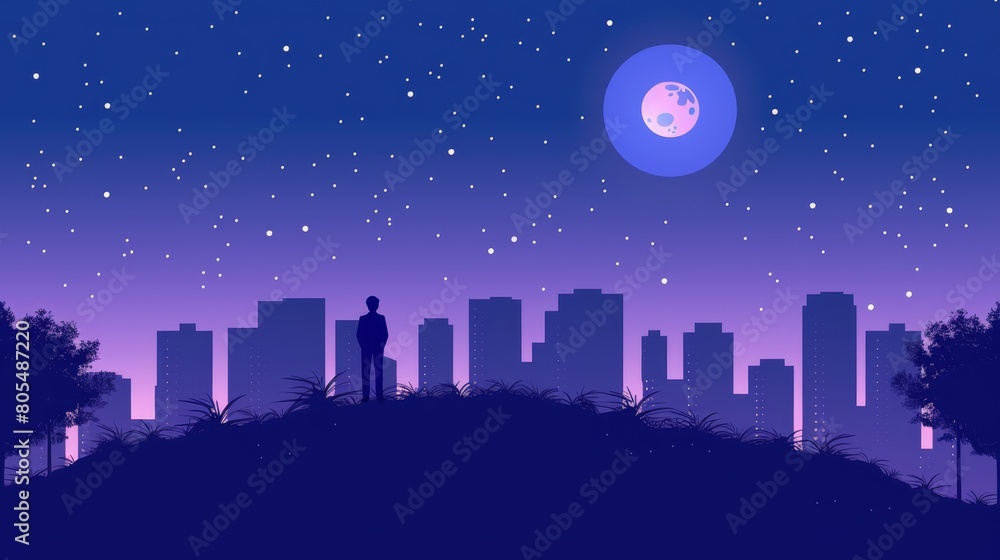 stars twinkle, the full moon hovers over a city below stars twinkle, the full moon hovers over a city below