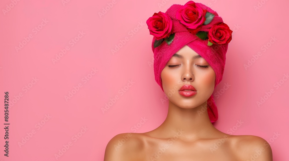   A woman dons a pink towel with red roses embellishing it, atop her head, covered by an additional towel