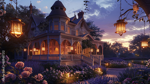 A historic Queen Anne home at twilight, its elaborate spindles and wrap-around porch highlighted by the warm glow of hanging lanterns, nestled in a garden of blooming roses  photo