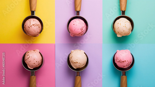 A delightful and colorful top view of a variety of ice cream scoops balls, assortment of flavors tastes summer fresh snack photo