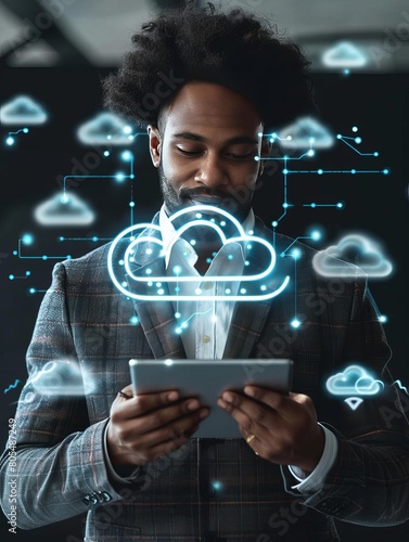 Cloud computing concept  connect devices to cloud Businessman or information technologist with cloud computing icon and tablet photo