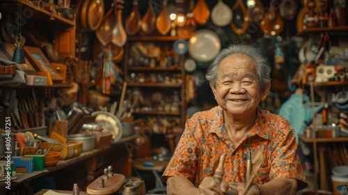  An old woman sits at a table, a wooden spoon in hand before a wall of pots and pans