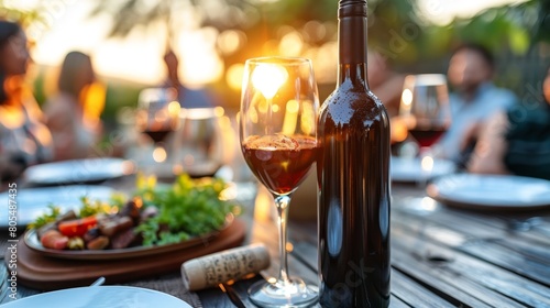   A bottle of wine atop a wooden table, beside a plate and a glass – each holding a pour