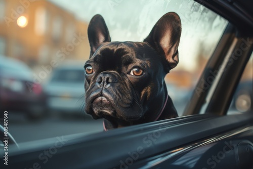 A French Bulldog with glossy black fur perks up its ears.