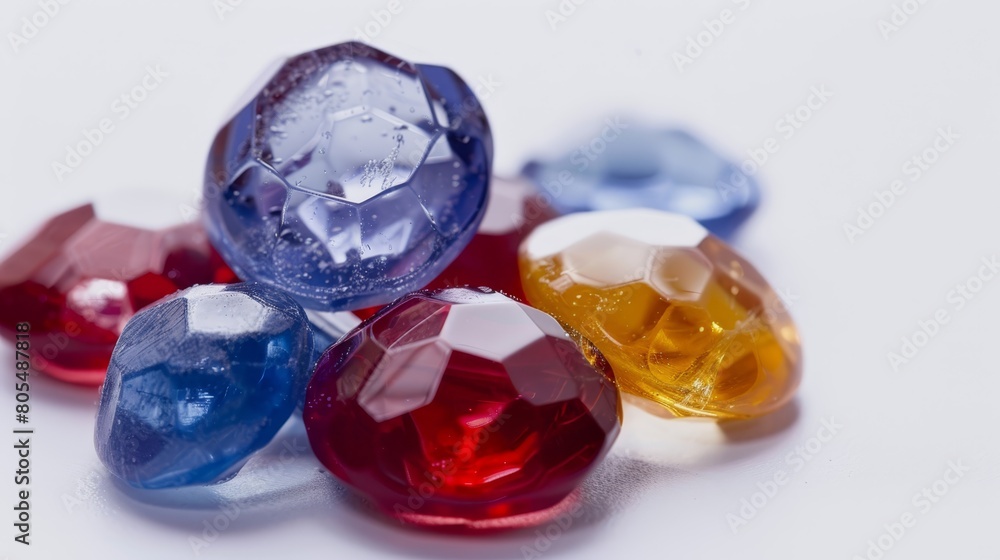 A collection of variously hued stones against a white backdrop, adorned with water droplets atop and beneath A collection of variously hued stones against a white backdrop, adorned with water droplets atop and beneath