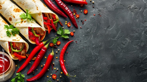  A tortilla filled with meat and vegetables, next to a jar of ketchup and peppers for added flavor