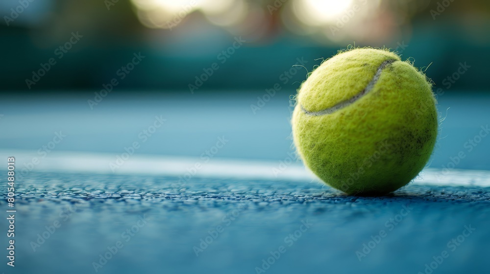   A tennis ball in a racket-held mouth on a tennis court Background blurred
