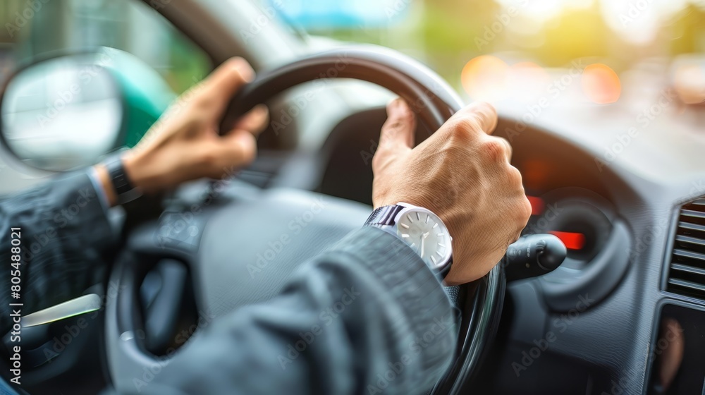 A man in a suit holds one hand on the steering wheel while the other hand is at rest A man in a suit holds one hand on the steering wheel while the other hand is at rest
