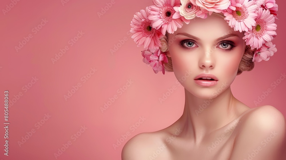   A woman wearing a crown of pink flowers against a pink backdrop
