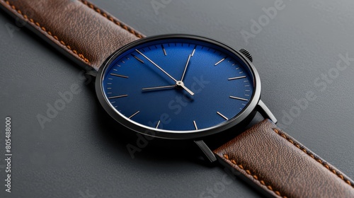  A tight shot of a wristwatch against a black background The timepiece features a brown leather strap and a blue dial contrasting with the black watch face