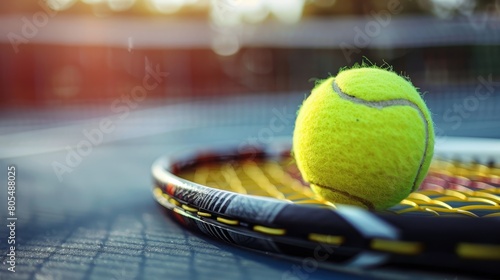   A tight shot of a tennis racket with a tennis ball situated at its center, and another tennis ball positioned in the sweet spot