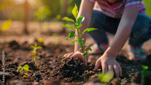   A child s hands  close-up  interacting with a plant in the earth Sunlight illuminates the ground beneath