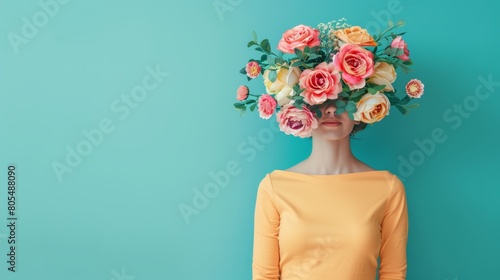   A woman holds flowers on her head, standing before a blue wall She wears a yellow blouse © Jevjenijs